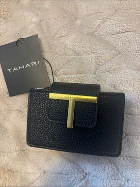 Tahari Black Wallet Phone Case with Gold T-Bar Accent